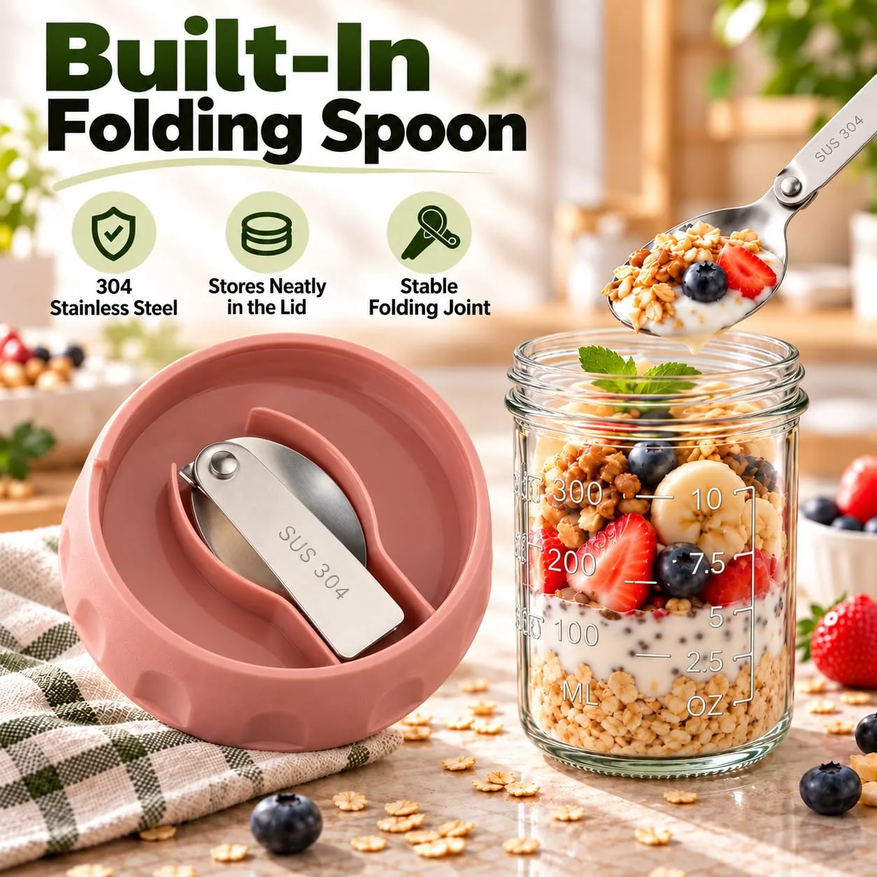 16 oz Chia Pudding Jars, Glass Yogurt Containers with Lids & Folding Spoon