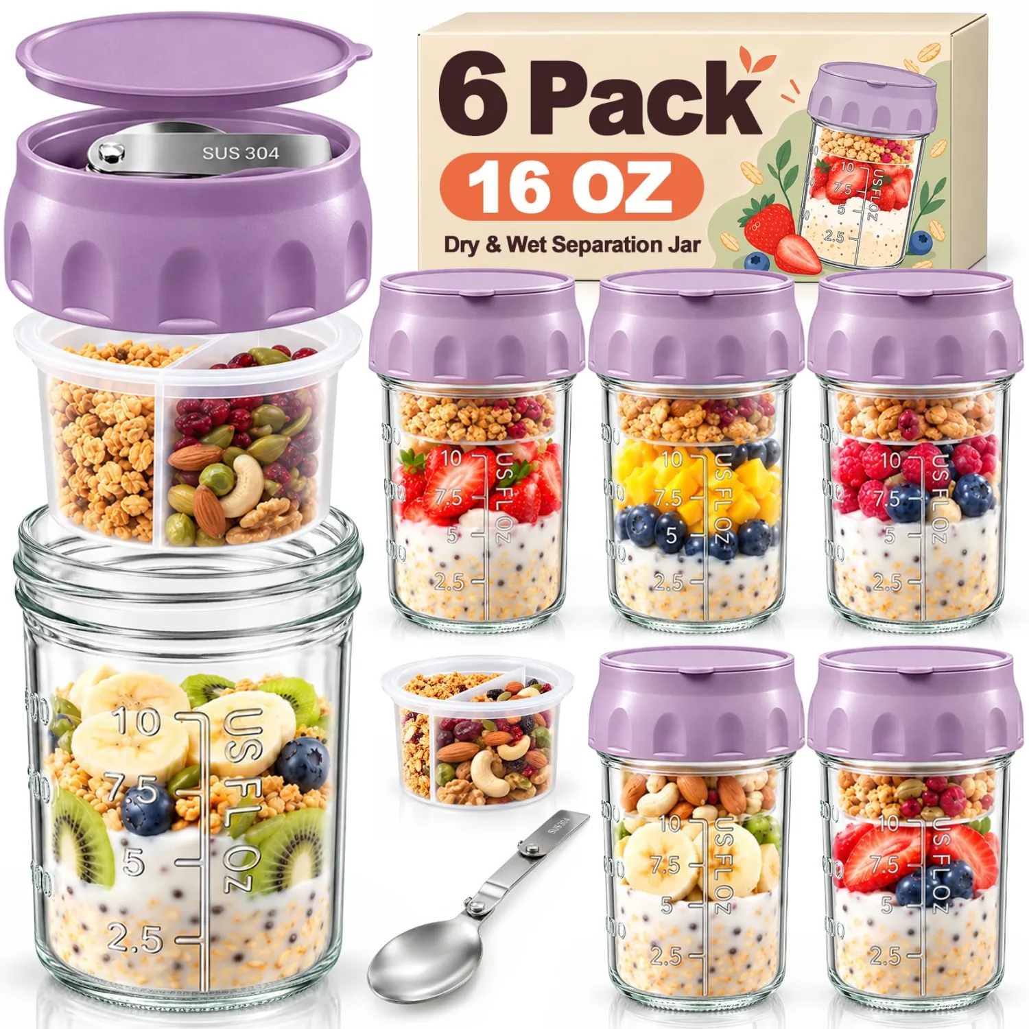 16 oz Chia Pudding Jars, Glass Yogurt Containers with Lids & Folding Spoon