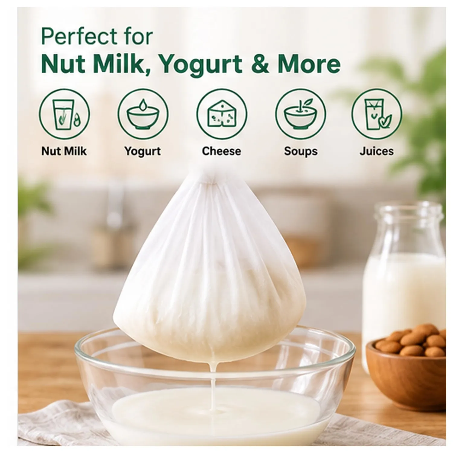 Nut Milk Bag Pack of 2 – 16" X 16" Organic Cotton & Fine Nylon Strainer Bags for Almond Milk, Oat Milk, Soy Milk, Yogurt, Cold Brew Coffee, Juice & Cheese Making – Reusable Food Grade Filter Bags