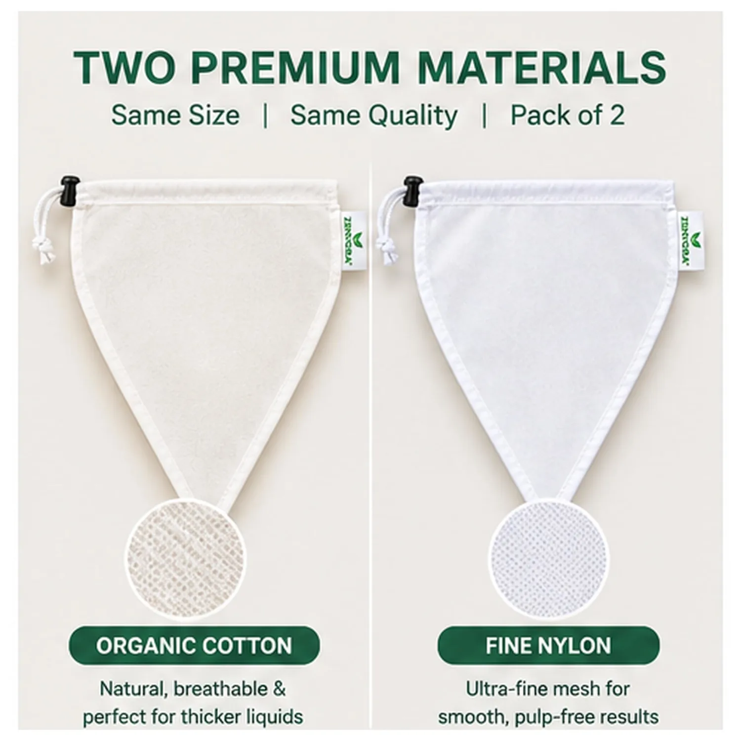 Nut Milk Bag Pack of 2 – 16" X 16" Organic Cotton & Fine Nylon Strainer Bags for Almond Milk, Oat Milk, Soy Milk, Yogurt, Cold Brew Coffee, Juice & Cheese Making – Reusable Food Grade Filter Bags