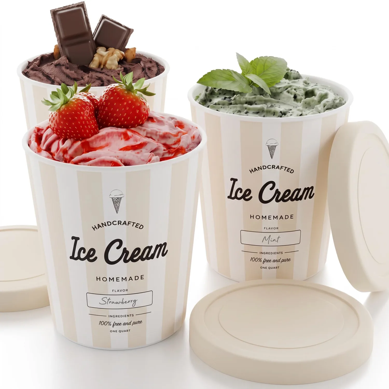 ZICOTO Set of 3 Beige Reusable Ice Cream Containers 1 Quarts ea. - Perfect for Homemade Sorbet, Frozen Yogurt Or Gelato - Stackable Storage Pint Containers, Stickers And Lids Stores Easily In Freezer