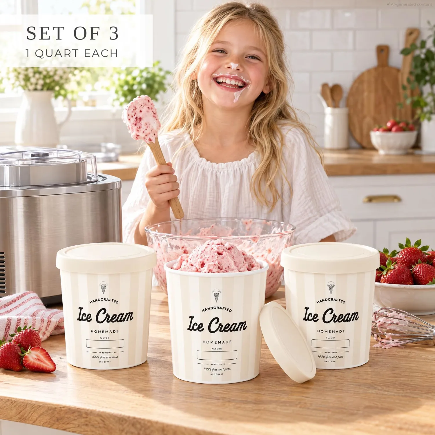 ZICOTO Set of 3 Beige Reusable Ice Cream Containers 1 Quarts ea. - Perfect for Homemade Sorbet, Frozen Yogurt Or Gelato - Stackable Storage Pint Containers, Stickers And Lids Stores Easily In Freezer