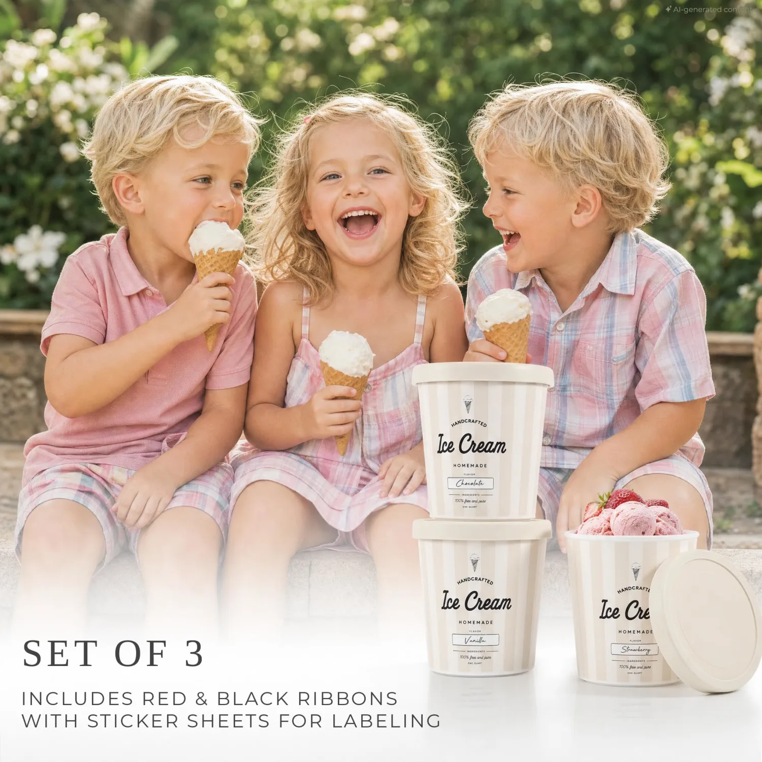 ZICOTO Set of 3 Beige Reusable Ice Cream Containers 1 Quarts ea. - Perfect for Homemade Sorbet, Frozen Yogurt Or Gelato - Stackable Storage Pint Containers, Stickers And Lids Stores Easily In Freezer