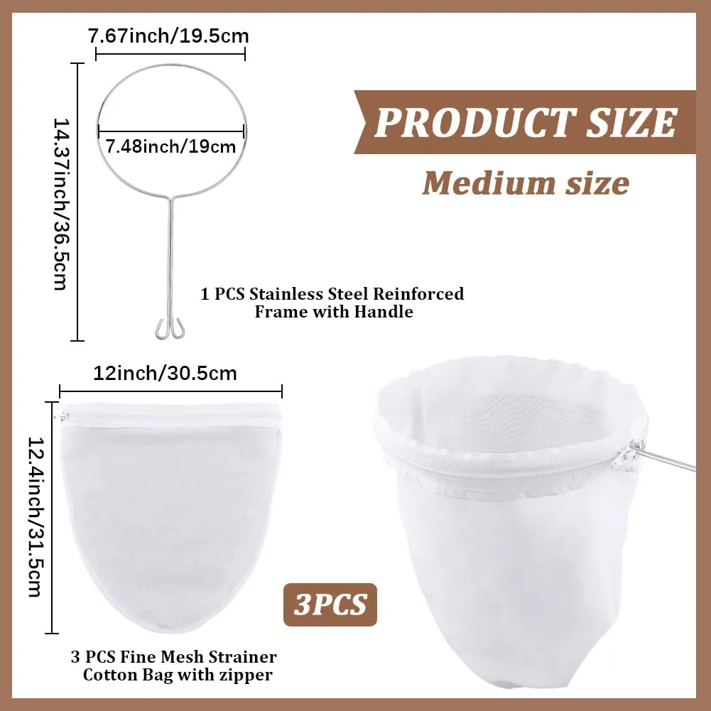 CRASPIRE 3Pcs Fine Strainer Bag Reusable Mesh Filter Bags White Non Woven Cloth Reusable Nut Milk Fresh Cheese Cloths with Iron Handle Frame for Straining Juice Coffee Thai Tea Yogurt Soup Kitchen