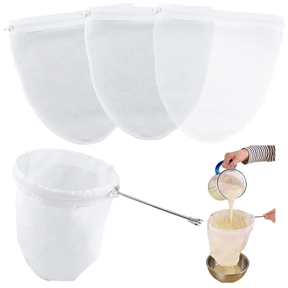 CRASPIRE 3Pcs Fine Strainer Bag Reusable Mesh Filter Bags White Non Woven Cloth Reusable Nut Milk Fresh Cheese Cloths with Iron Handle Frame for Straining Juice Coffee Thai Tea Yogurt Soup Kitchen