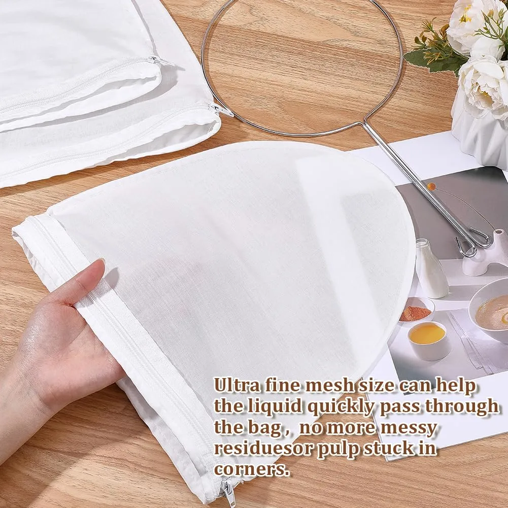 CRASPIRE 3Pcs Fine Strainer Bag Reusable Mesh Filter Bags White Non Woven Cloth Reusable Nut Milk Fresh Cheese Cloths with Iron Handle Frame for Straining Juice Coffee Thai Tea Yogurt Soup Kitchen
