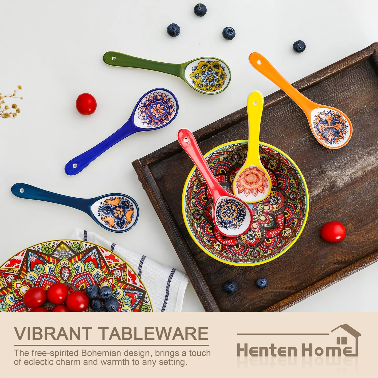 Henten Home Ceramic Soup Spoon, Colorful Serving Spoon Set of 6
