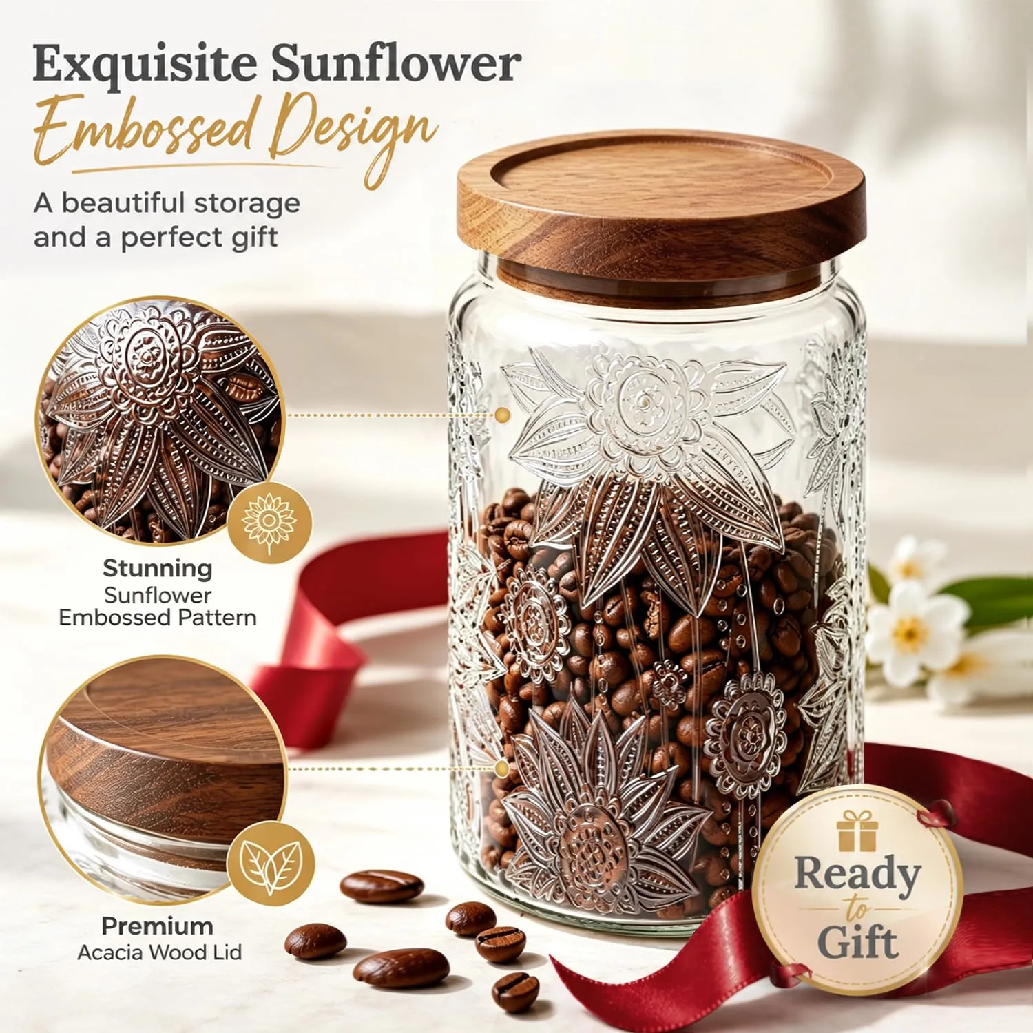 ComSaf Glass Coffee Canister Jar with Acacia Wood Lid 34 oz Vintage Gift