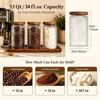 ComSaf Glass Coffee Tea Sugar Jars with Acacia Wood Lids 34 oz 3 Pack