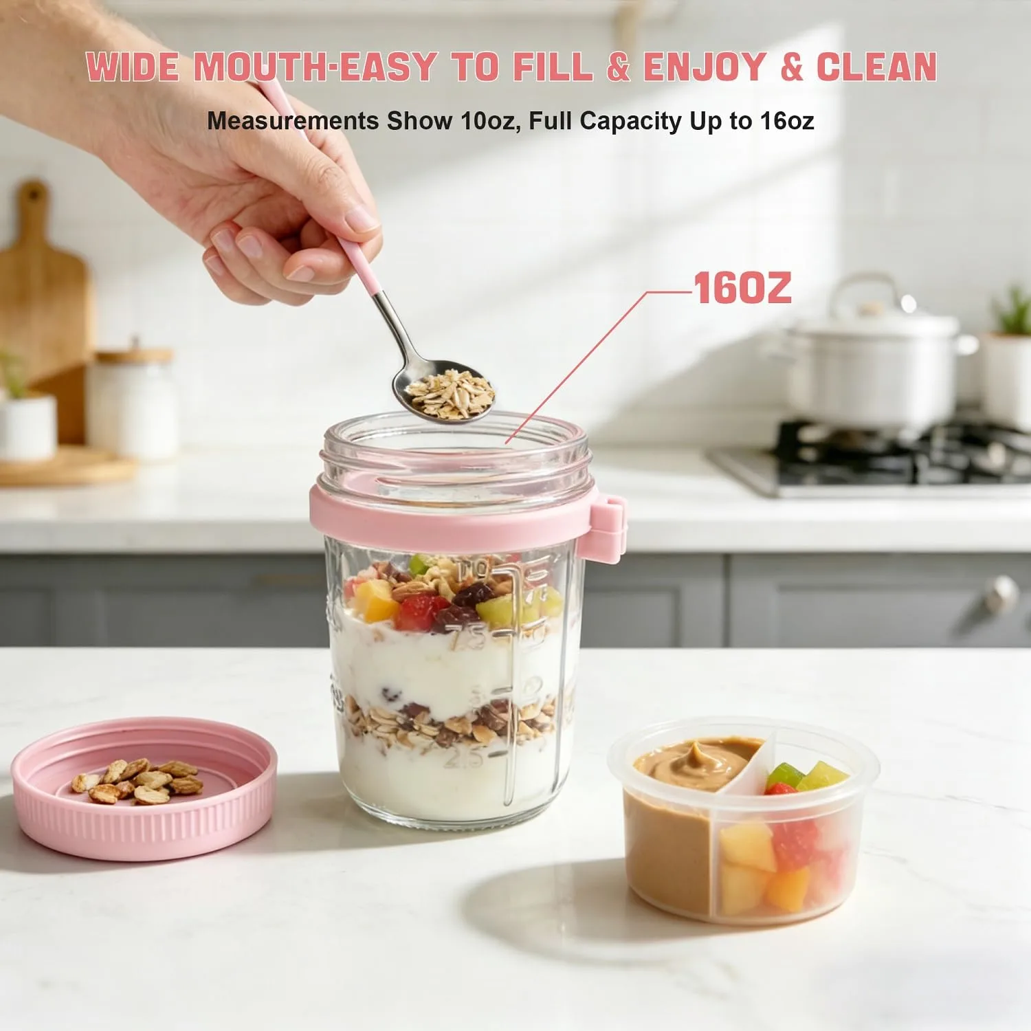 4 Pack Overnight Oats Containers with Lids and Spoons - 16 oz Glass Mason Jars with Dressing Cup, Over night Oat Jars for Meal Prep, Yogurt Parfait Cup for Chia Seed Sugar Packet Holders (Pink)