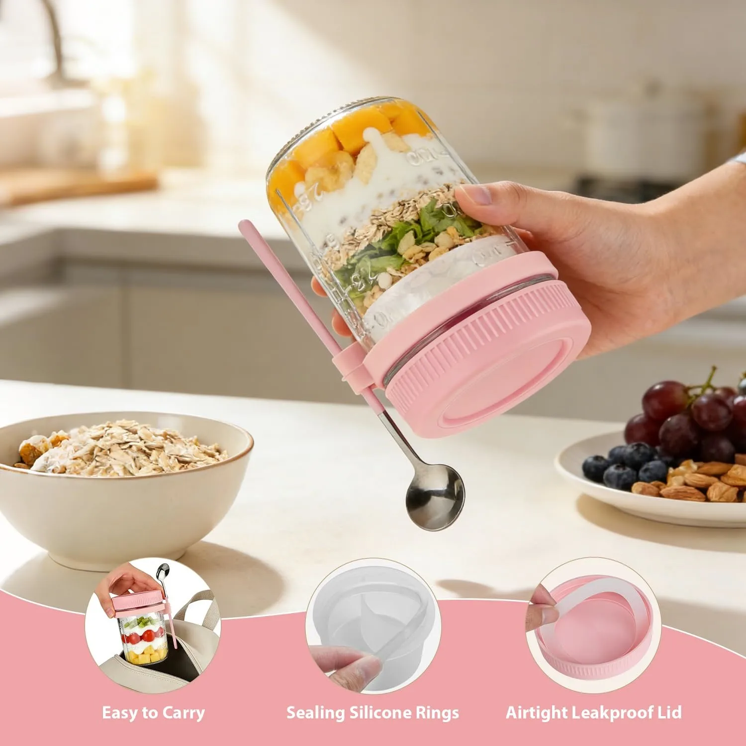 4 Pack Overnight Oats Containers with Lids and Spoons - 16 oz Glass Mason Jars with Dressing Cup, Over night Oat Jars for Meal Prep, Yogurt Parfait Cup for Chia Seed Sugar Packet Holders (Pink)