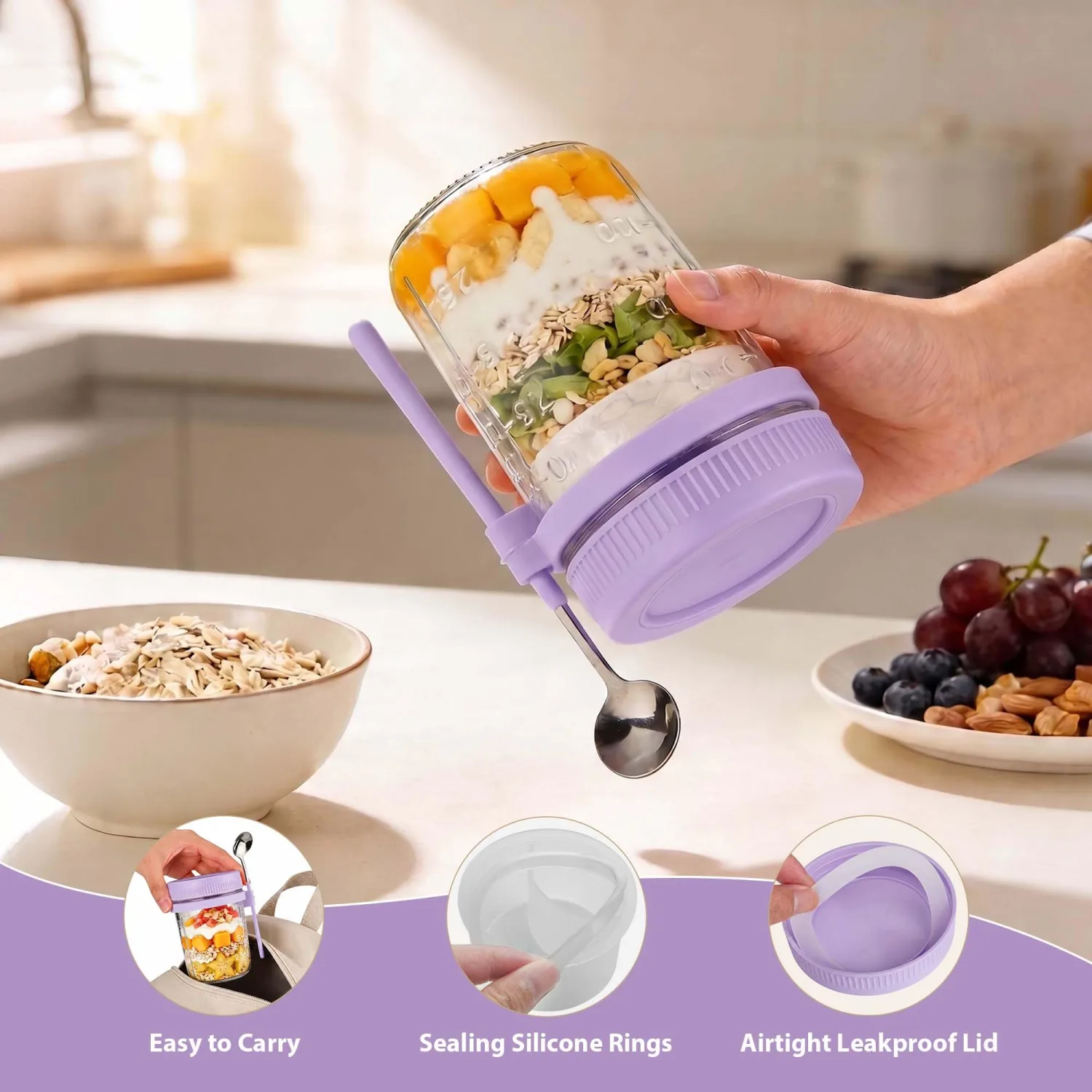 6 Pack Purple Overnight Oats Containers with Lids and Spoon - 16 oz Glass Mason Jars with Dressing Divider, Leakproof Chia Yogurt Parfait Cups for Oatmeal Cereal Meal Prep Sugar Packet Holders