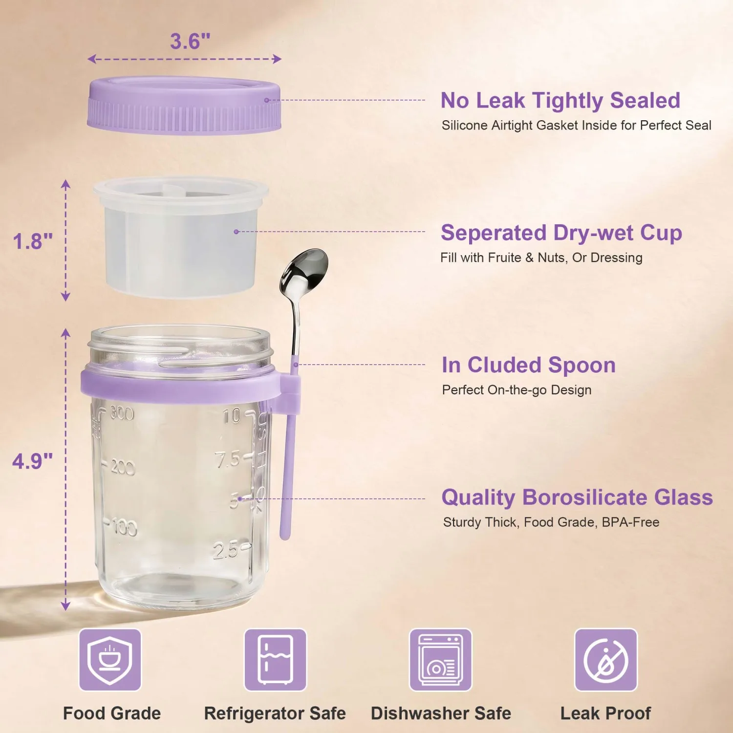 6 Pack Purple Overnight Oats Containers with Lids and Spoon - 16 oz Glass Mason Jars with Dressing Divider, Leakproof Chia Yogurt Parfait Cups for Oatmeal Cereal Meal Prep Sugar Packet Holders