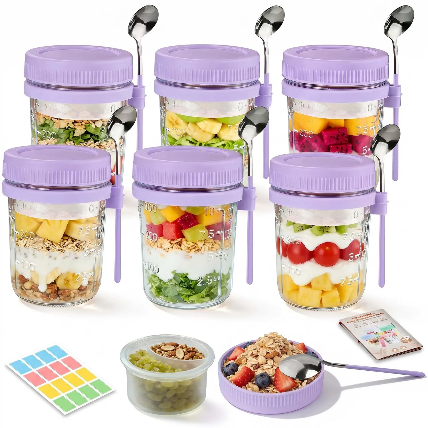 6 Pack Purple Overnight Oats Containers with Lids and Spoon - 16 oz Glass Mason Jars with Dressing Divider, Leakproof Chia Yogurt Parfait Cups for Oatmeal Cereal Meal Prep Sugar Packet Holders