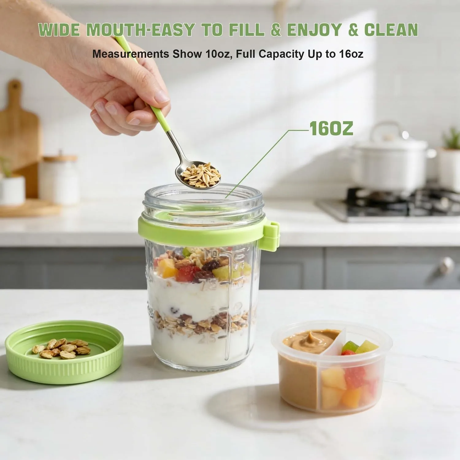 6 Pack Green Overnight Oats Containers with Lids & Spoon - 16 oz Glass Mason Jars with Separate Divider Leakproof Sugar Packet Holders Chia Yogurt Parfait Cups for Oatmeal Cereal Meal Prep