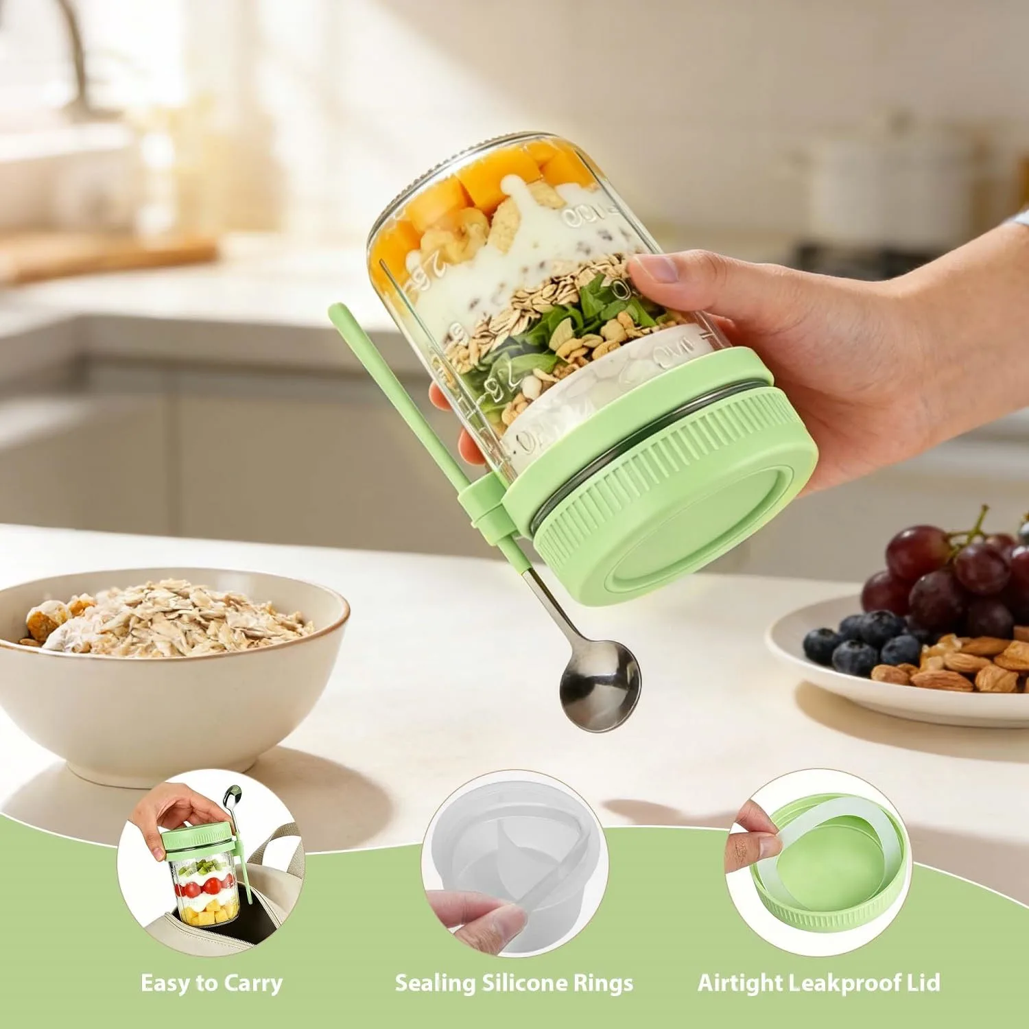 6 Pack Green Overnight Oats Containers with Lids & Spoon - 16 oz Glass Mason Jars with Separate Divider Leakproof Sugar Packet Holders Chia Yogurt Parfait Cups for Oatmeal Cereal Meal Prep