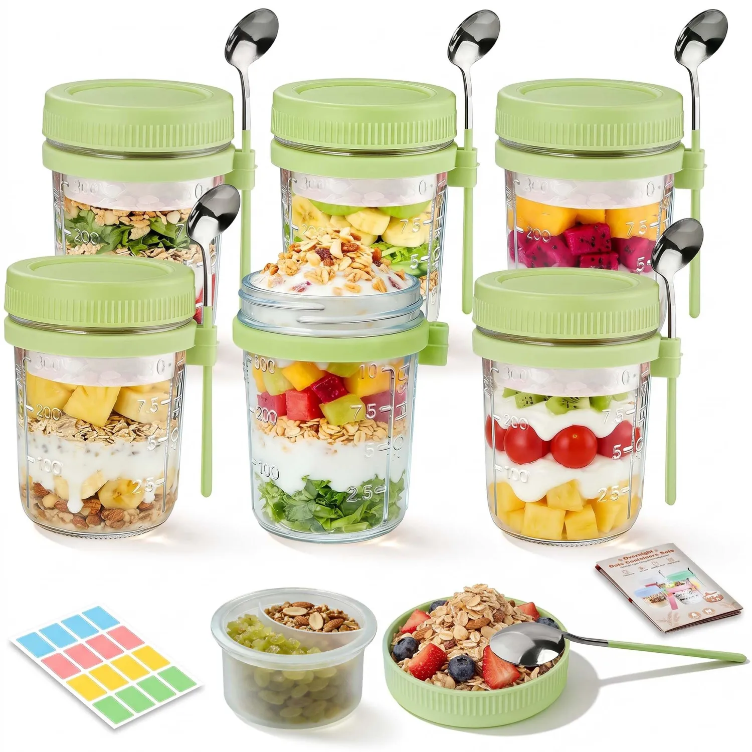 6 Pack Green Overnight Oats Containers with Lids & Spoon - 16 oz Glass Mason Jars with Separate Divider Leakproof Sugar Packet Holders Chia Yogurt Parfait Cups for Oatmeal Cereal Meal Prep