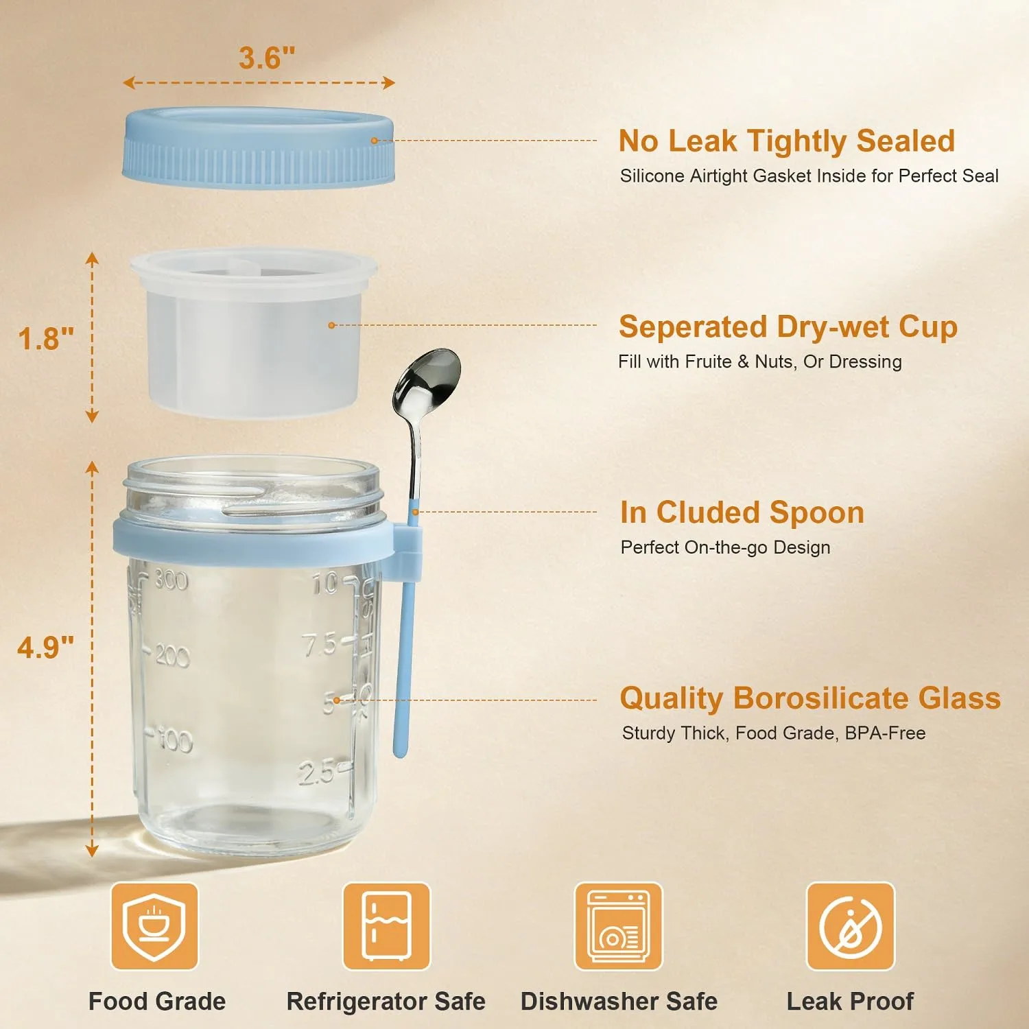 Overnight Oats Containers with Lids and Spoon - 6 Pack 16 oz Glass Mason Jars with Separate Compartments Leakproof Airtight Chia Yogurt Parfait Cups for Cereal Meal Prep Sugar Packet Holders