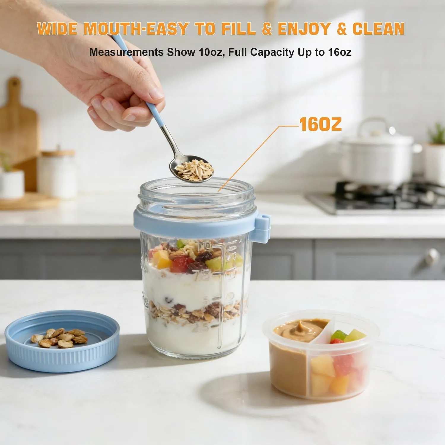 Overnight Oats Containers with Lids and Spoon - 6 Pack 16 oz Glass Mason Jars with Separate Compartments Leakproof Airtight Chia Yogurt Parfait Cups for Cereal Meal Prep Sugar Packet Holders